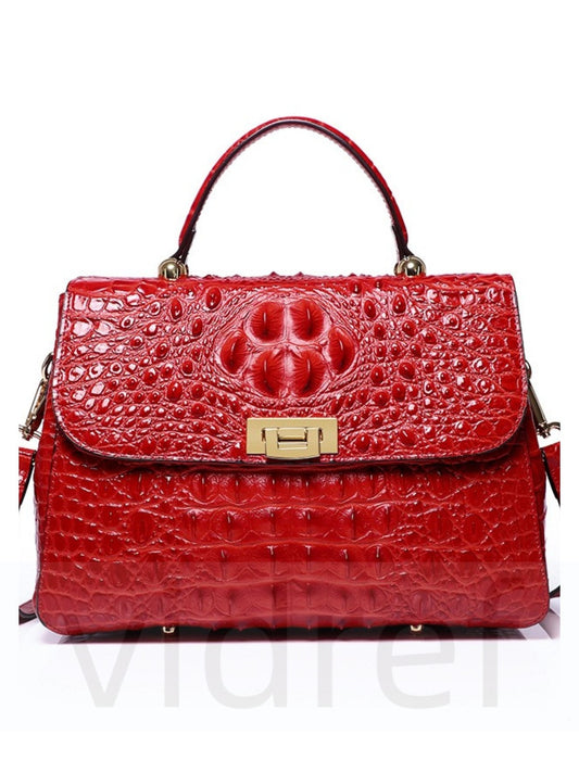 Crocodile pattern women's genuine leather shoulder crossbody bag（Red）