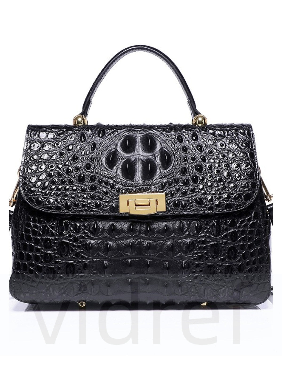 Crocodile pattern women's genuine leather shoulder crossbody bag（Black）