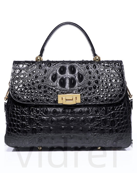 Crocodile pattern women's genuine leather shoulder crossbody bag（Black）