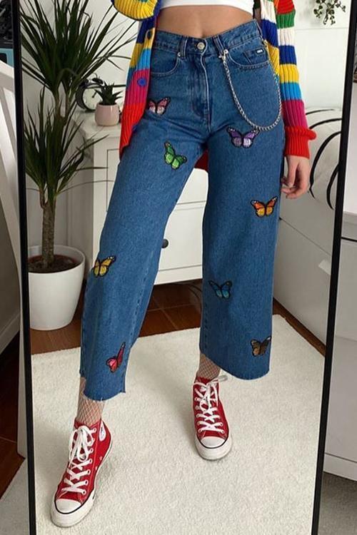 Butterfly Embroidery Wide Leg Jeans