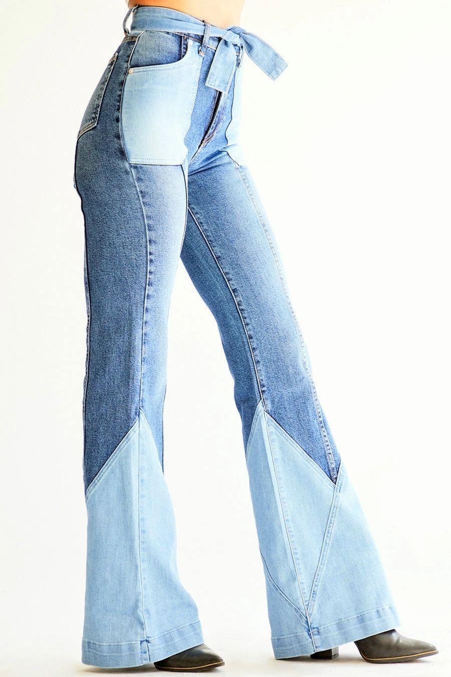 70S Color Block Belted Bell Jeans