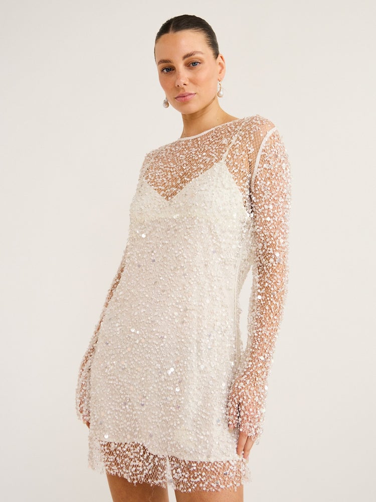 crystal-embellished gauze mini dress