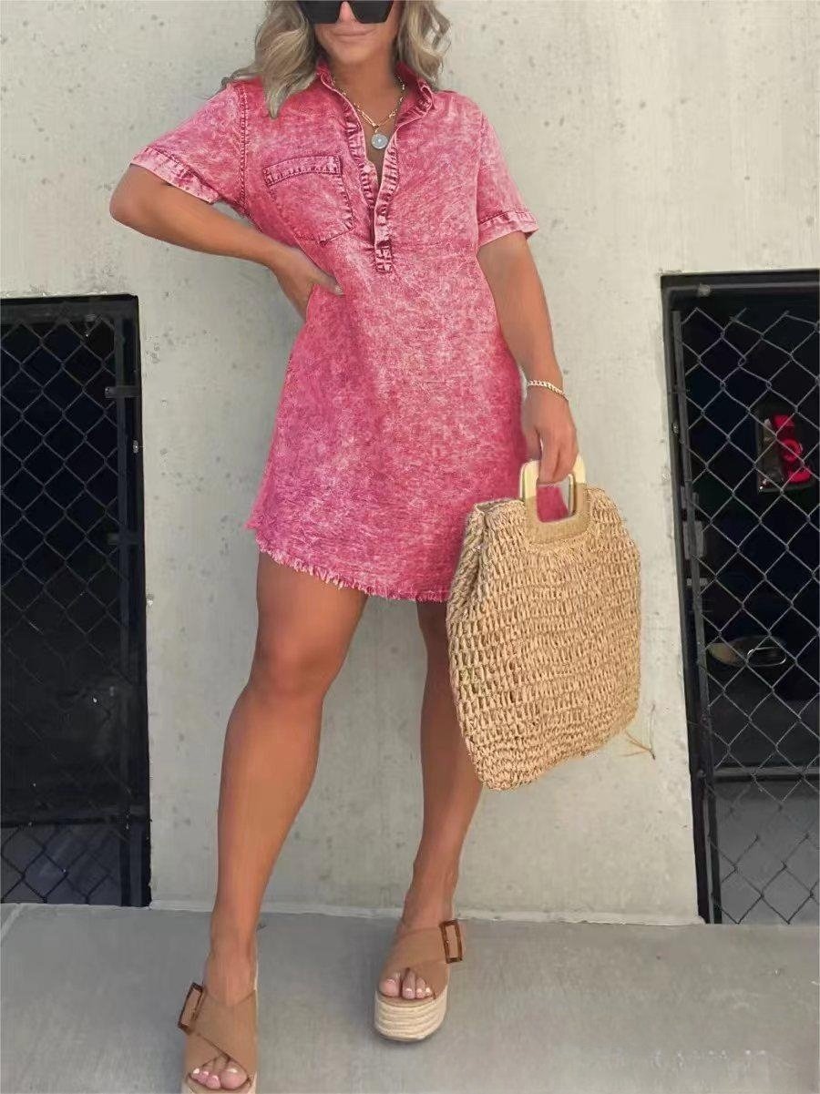 Short Sleeve Casual Denim Shirt Dress-Buy two and get free shipping!