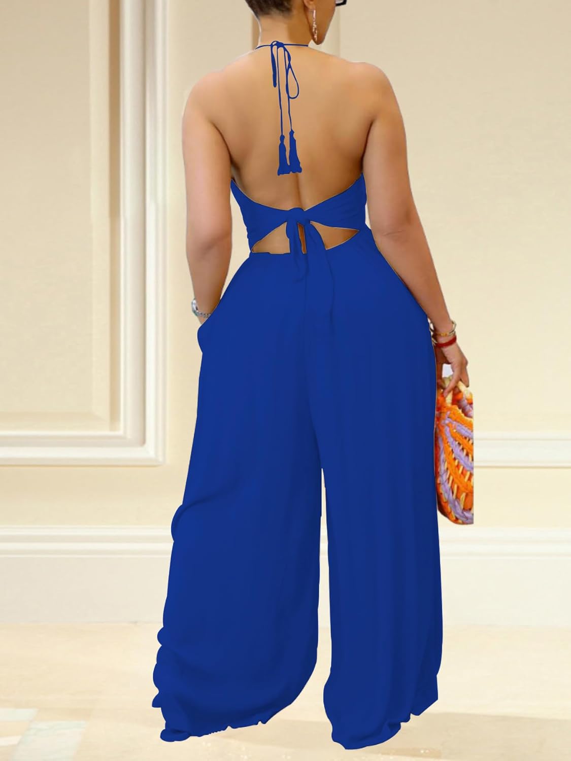 Women's Halter Neck Backless Loose Chiffon One Piece Wide Leg Jumpsuit Overalls Full Length Long Pants