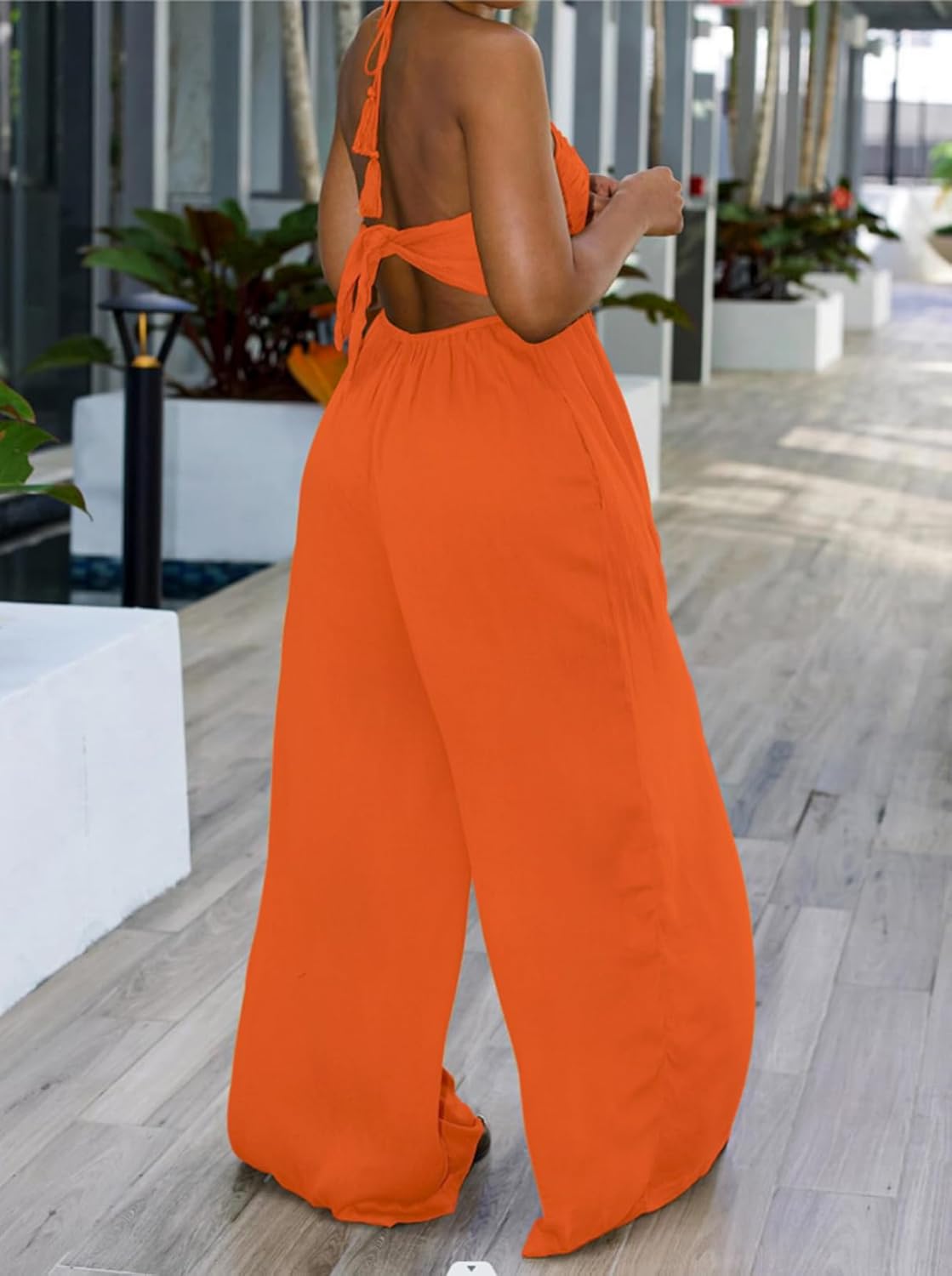 Women's Halter Neck Backless Loose Chiffon One Piece Wide Leg Jumpsuit Overalls Full Length Long Pants