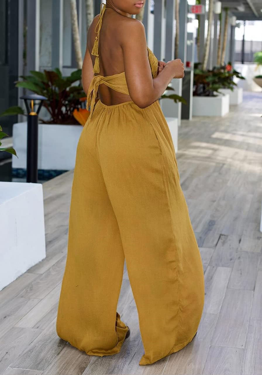 Women's Halter Neck Backless Loose Chiffon One Piece Wide Leg Jumpsuit Overalls Full Length Long Pants