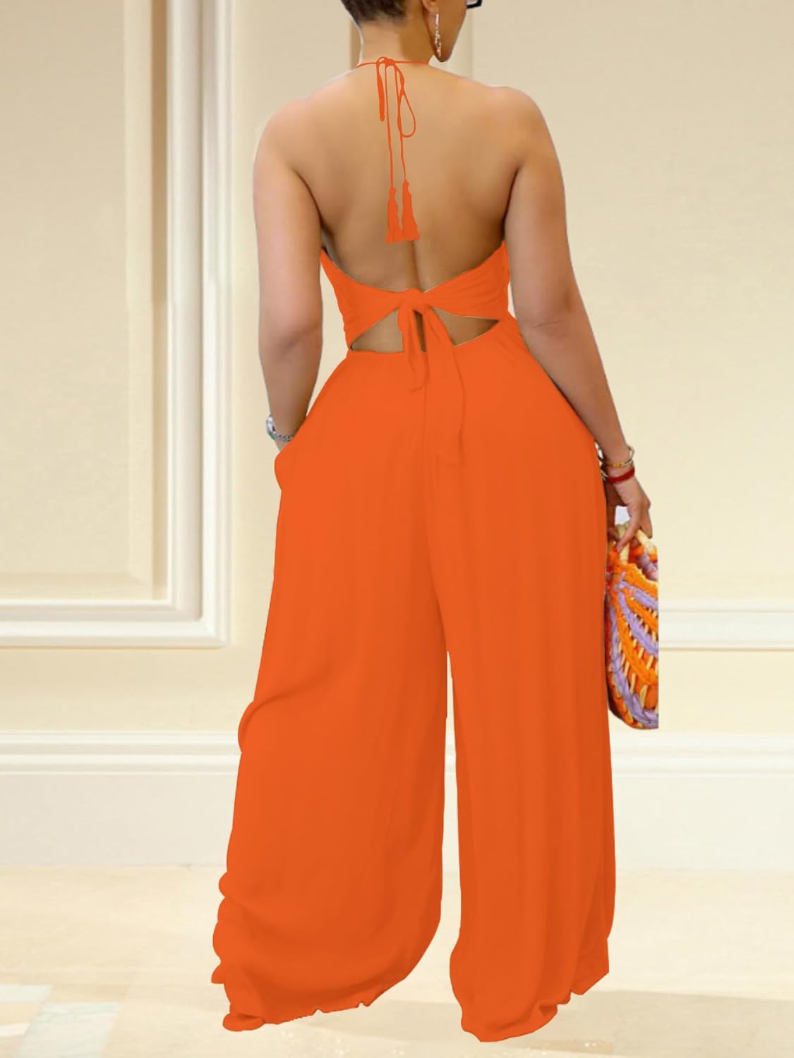 Women's Halter Neck Backless Loose Chiffon One Piece Wide Leg Jumpsuit Overalls Full Length Long Pants