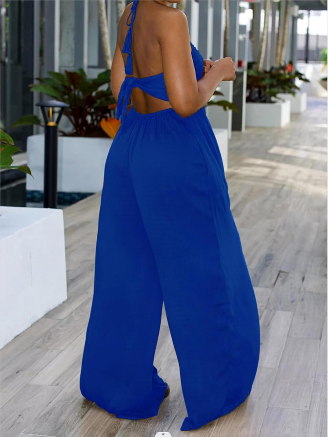 Women's Halter Neck Backless Loose Chiffon One Piece Wide Leg Jumpsuit Overalls Full Length Long Pants