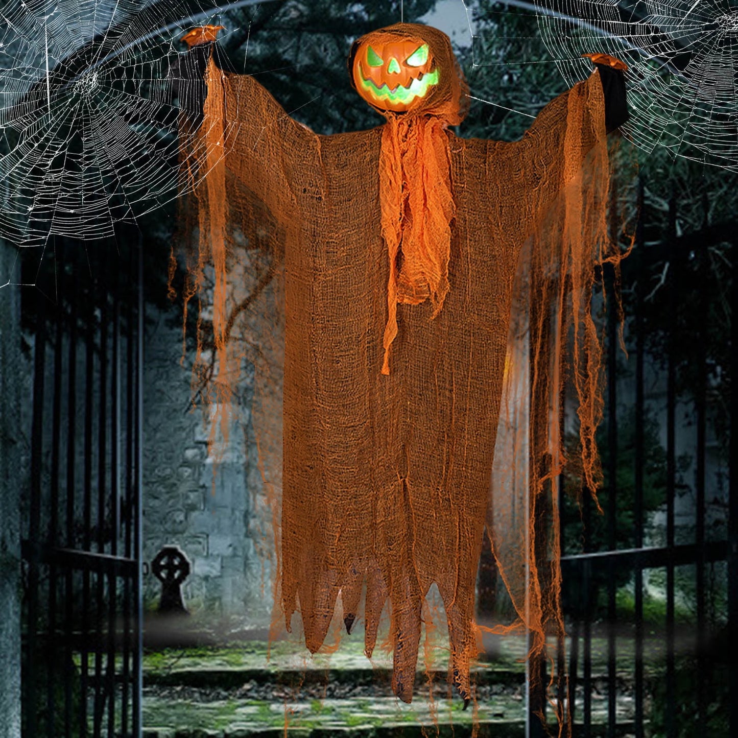 Halloween Pumpkin Party Decoration Hanging Prop with Green Light and Sound Effects