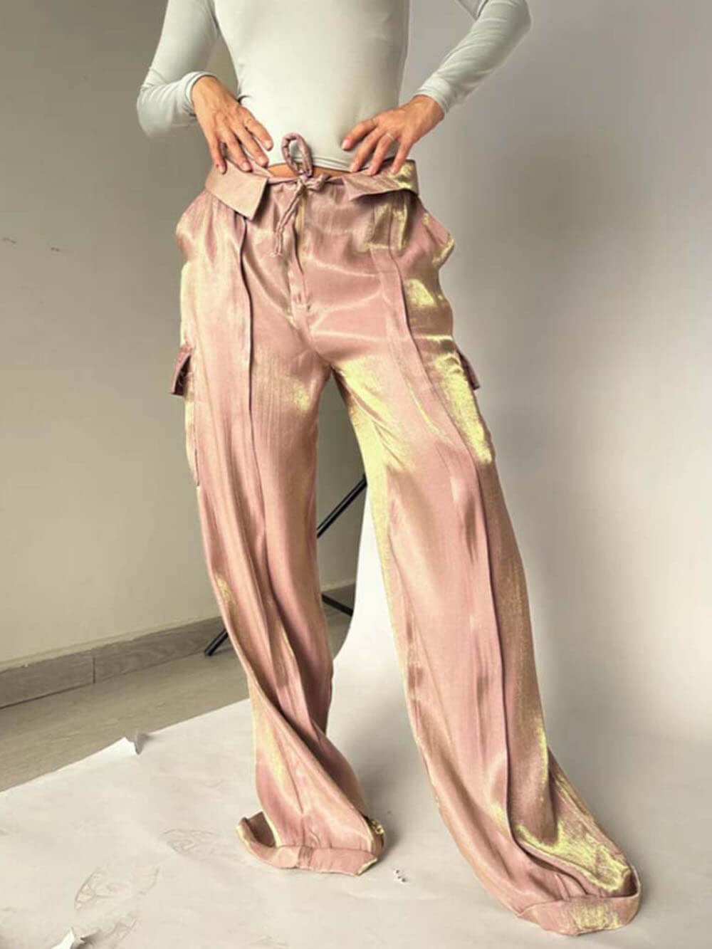 Golden Years Glitter Fabric Drawstring Waist Pocketed Wide Leg Pants - Buy two and get free shipping!