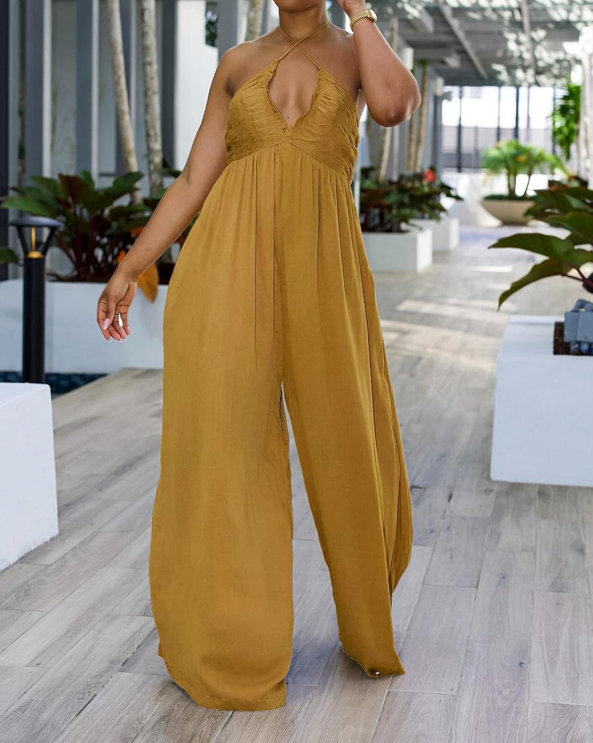 Women's Halter Neck Backless Loose Chiffon One Piece Wide Leg Jumpsuit Overalls Full Length Long Pants