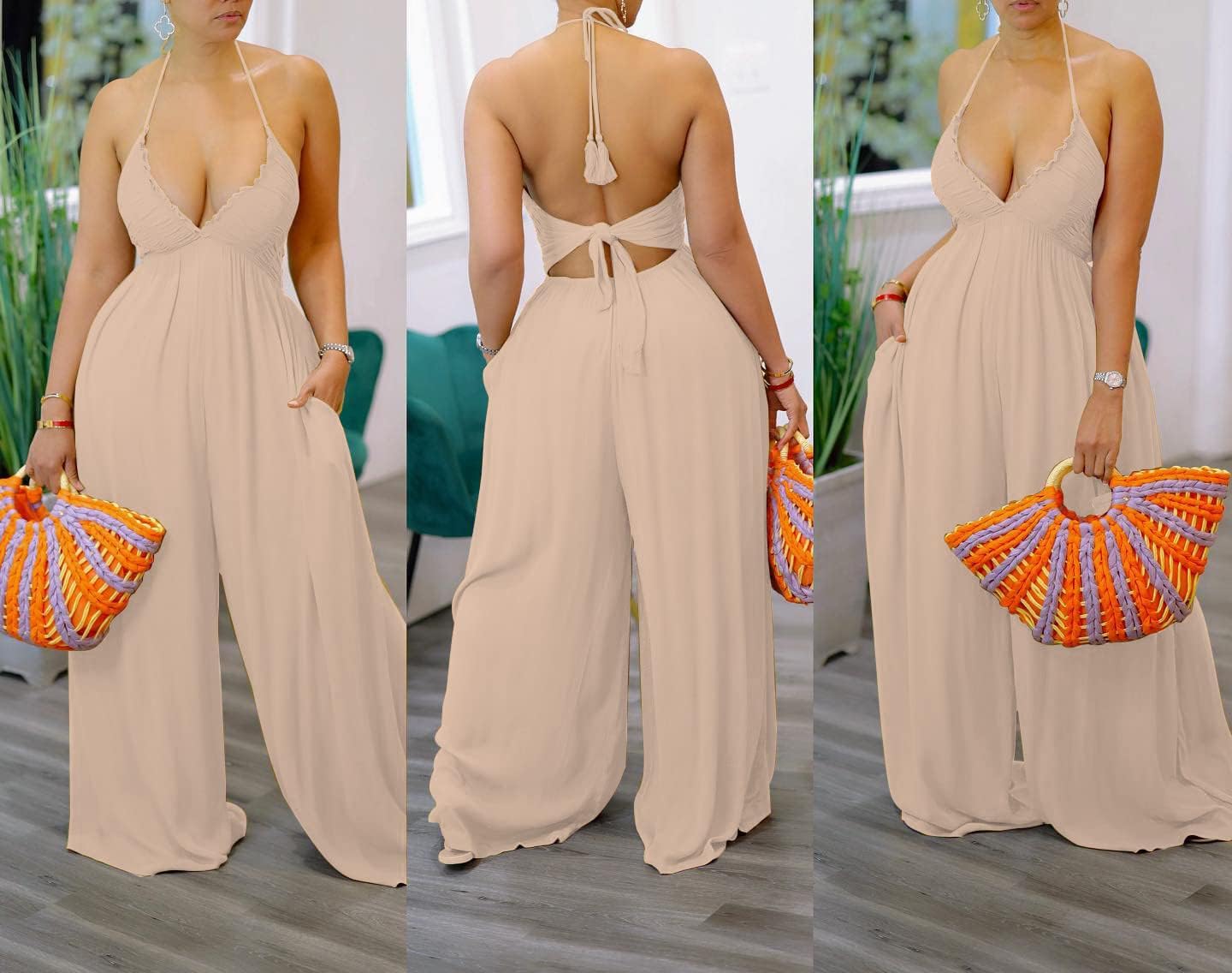 Women's Halter Neck Backless Loose Chiffon One Piece Wide Leg Jumpsuit Overalls Full Length Long Pants