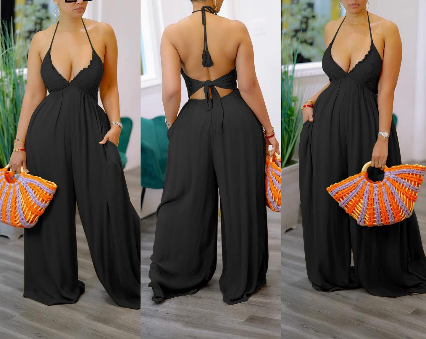 Women's Halter Neck Backless Loose Chiffon One Piece Wide Leg Jumpsuit Overalls Full Length Long Pants