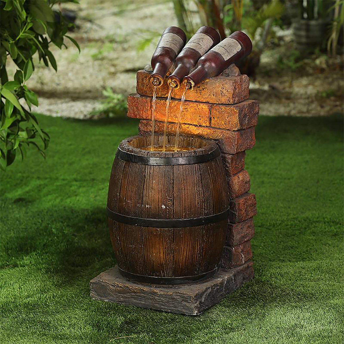 Resin Wine Bottle And Barrel Outdoor Water Fountain Sculpture Courtyard