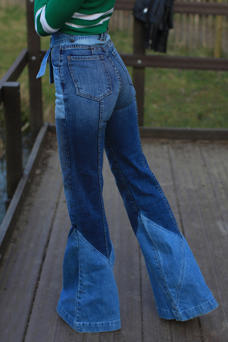 70S Color Block Belted Bell Jeans