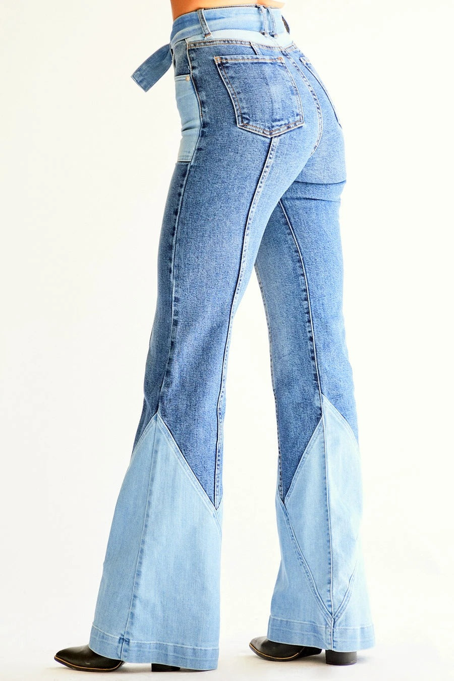 70S Color Block Belted Bell Jeans