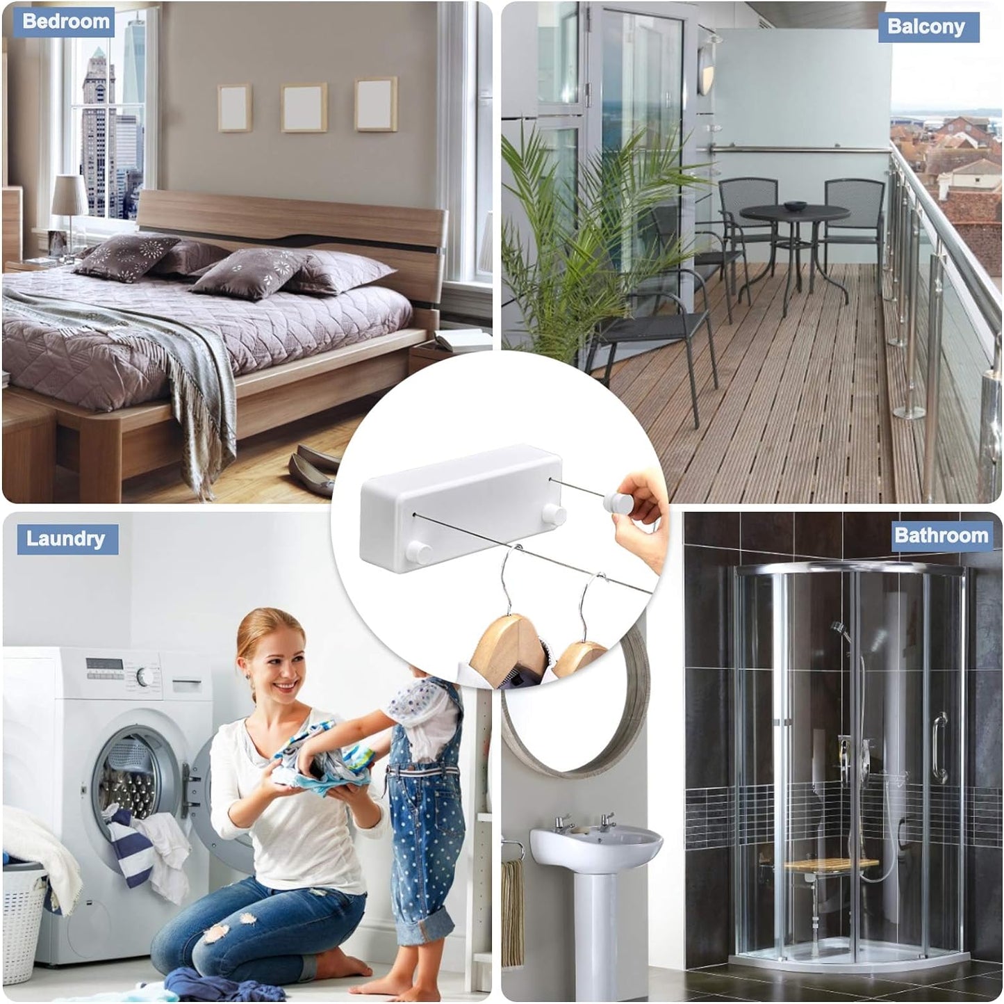 Retractable Clothesline Indoor Clothesline with Adjustable Stainless Steel Double Rope.