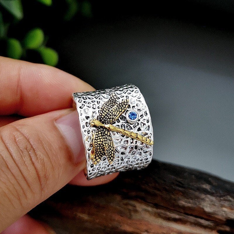 Silver Dragonfly Ring With Blue Diamond✨