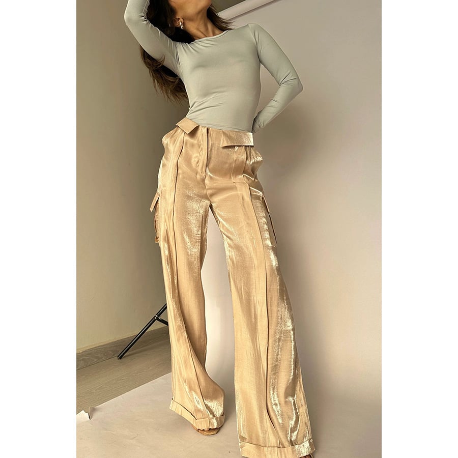 Golden Years Glitter Fabric Drawstring Waist Pocketed Wide Leg Pants - Buy two and get free shipping!