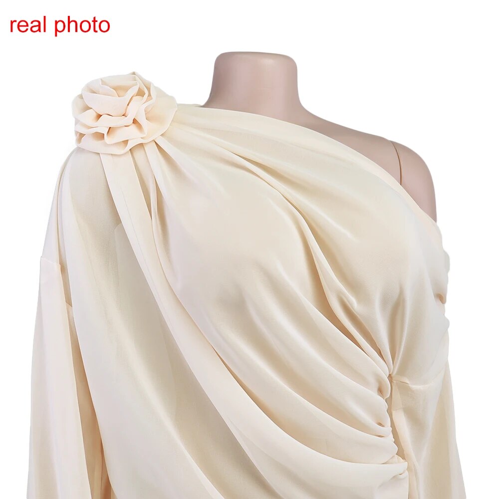 New elegant see-through mesh slash shoulder chiffon floral blouse