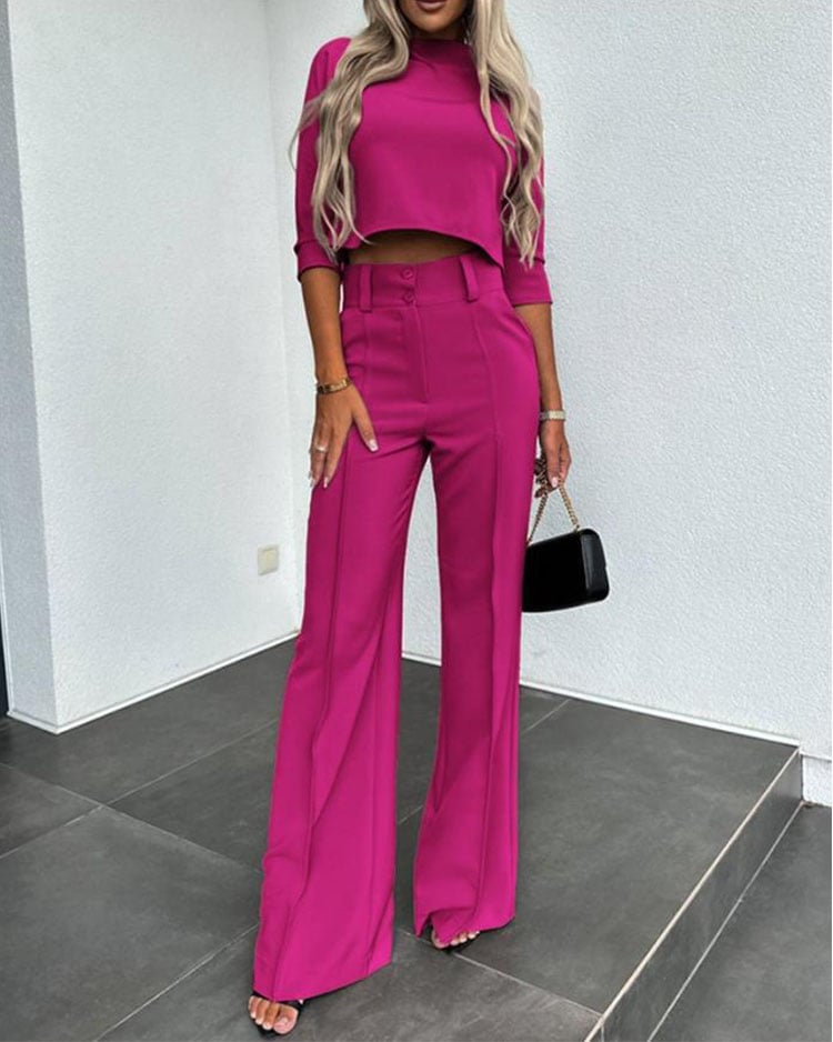 Solid Color Jacket & High Waist Straight Pants Set (Buy 2 Free shipping)