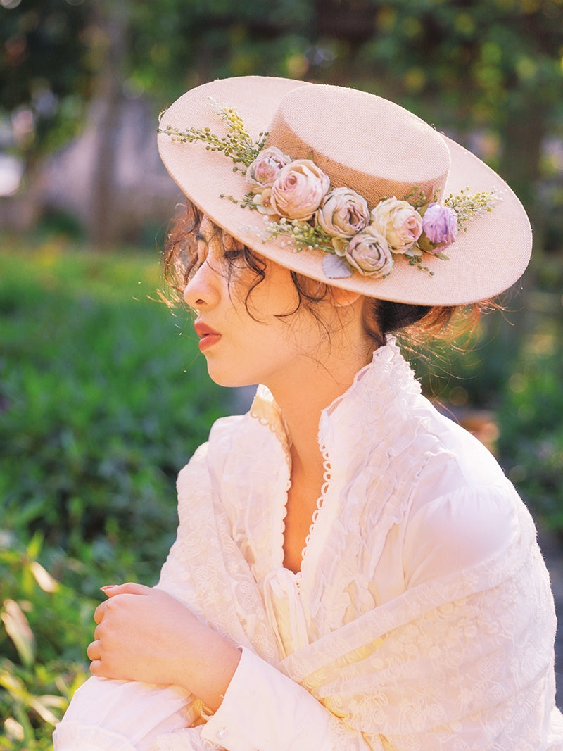 Handmade French Hat, Retro And Elegant Hollow Flower Forest Style Flat Hat