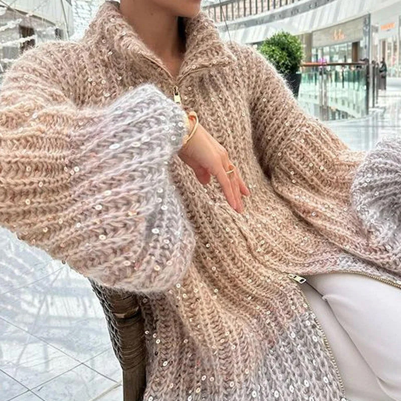 Solid color sequined knitted sweater jacket