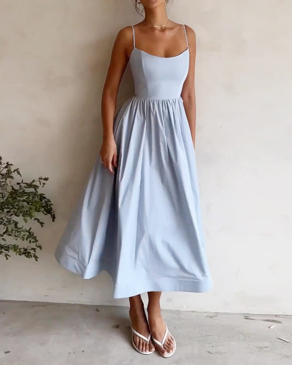 Solid V-neck Pleated Waist Dress