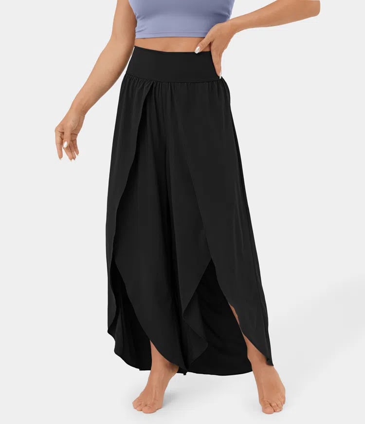 High Waist Back Pocket Flowy Slit Wide Leg Quick Dry Casual Pants