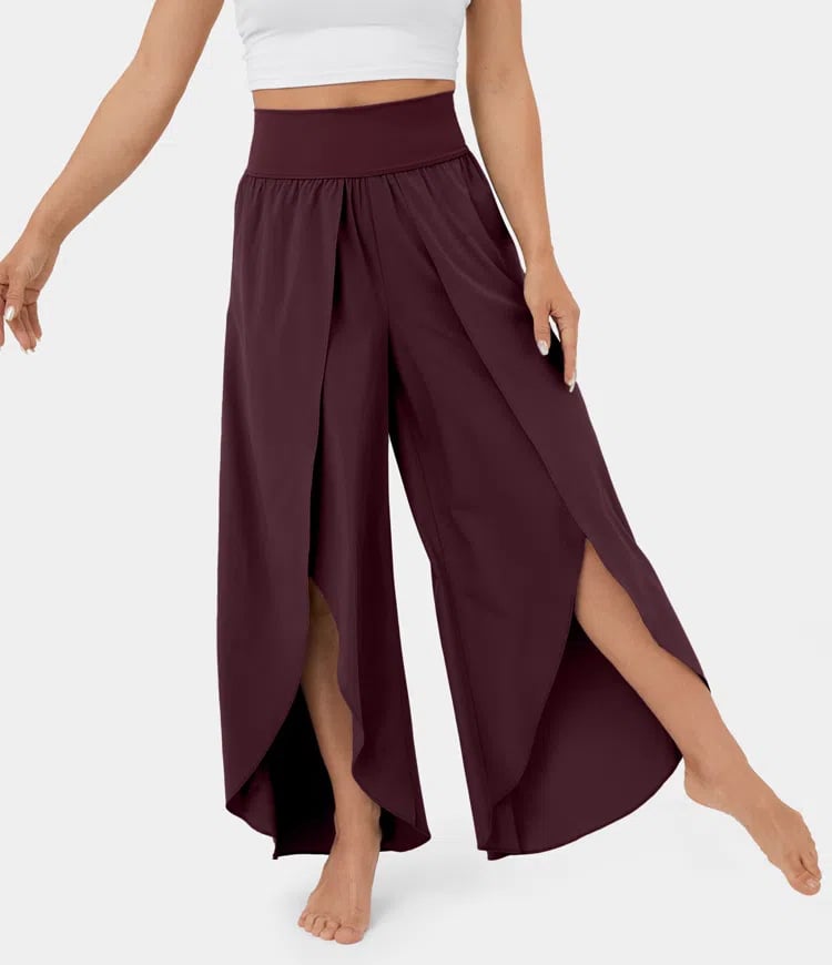 High Waist Back Pocket Flowy Slit Wide Leg Quick Dry Casual Pants