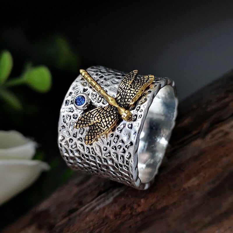 Silver Dragonfly Ring With Blue Diamond✨