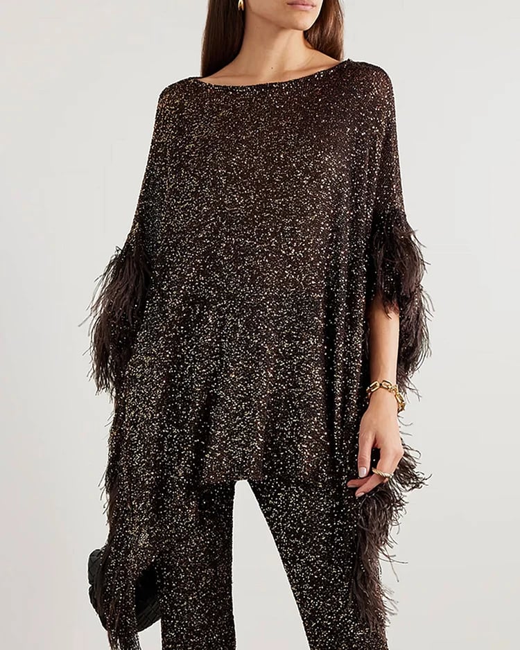 Feather-trimmed sequin-embellished top and pants two-piece set